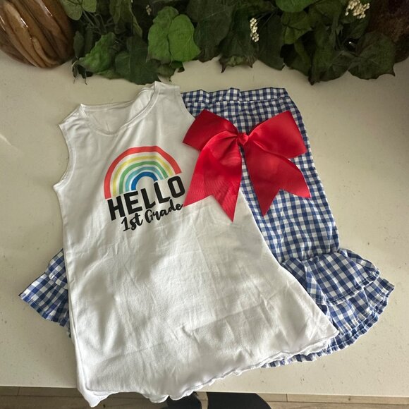 Hello 1st Grade Girls Outfit White Tank Top & Blue Gingham Ruffle Shorts With Re - Picture 1 of 6
